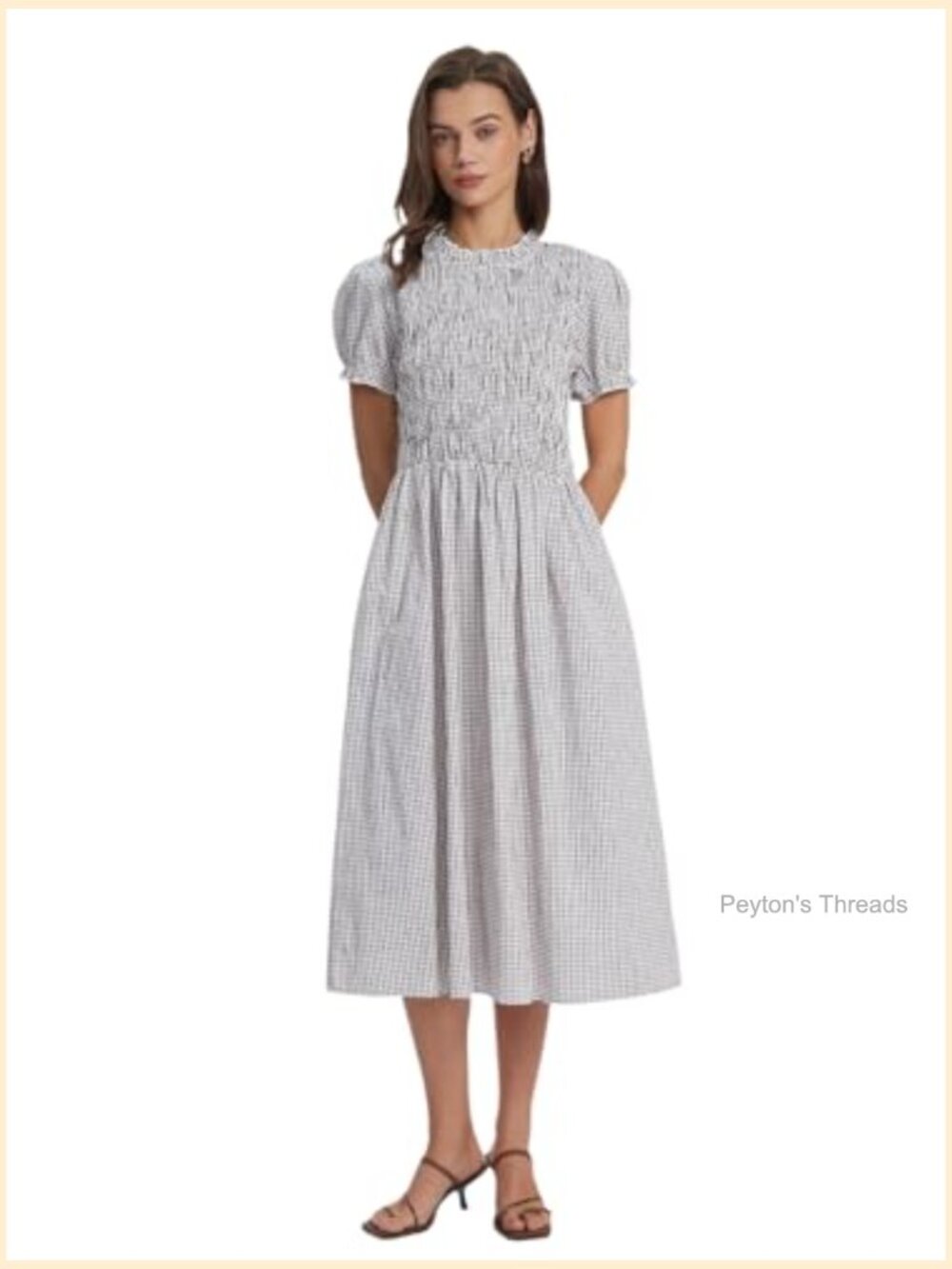Summer Midi Dress Puff Short Sleeve Flowy Boho Beach Gingham Smocked Sundress - Picture 3 of 6